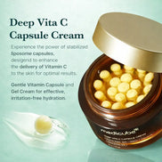 Deep Vita C Capsule Cream delivers stabilized liposome Vitamin C capsules with a gentle capsule-in-gel formula to enhance absorption and provide effective, non-irritating hydration.