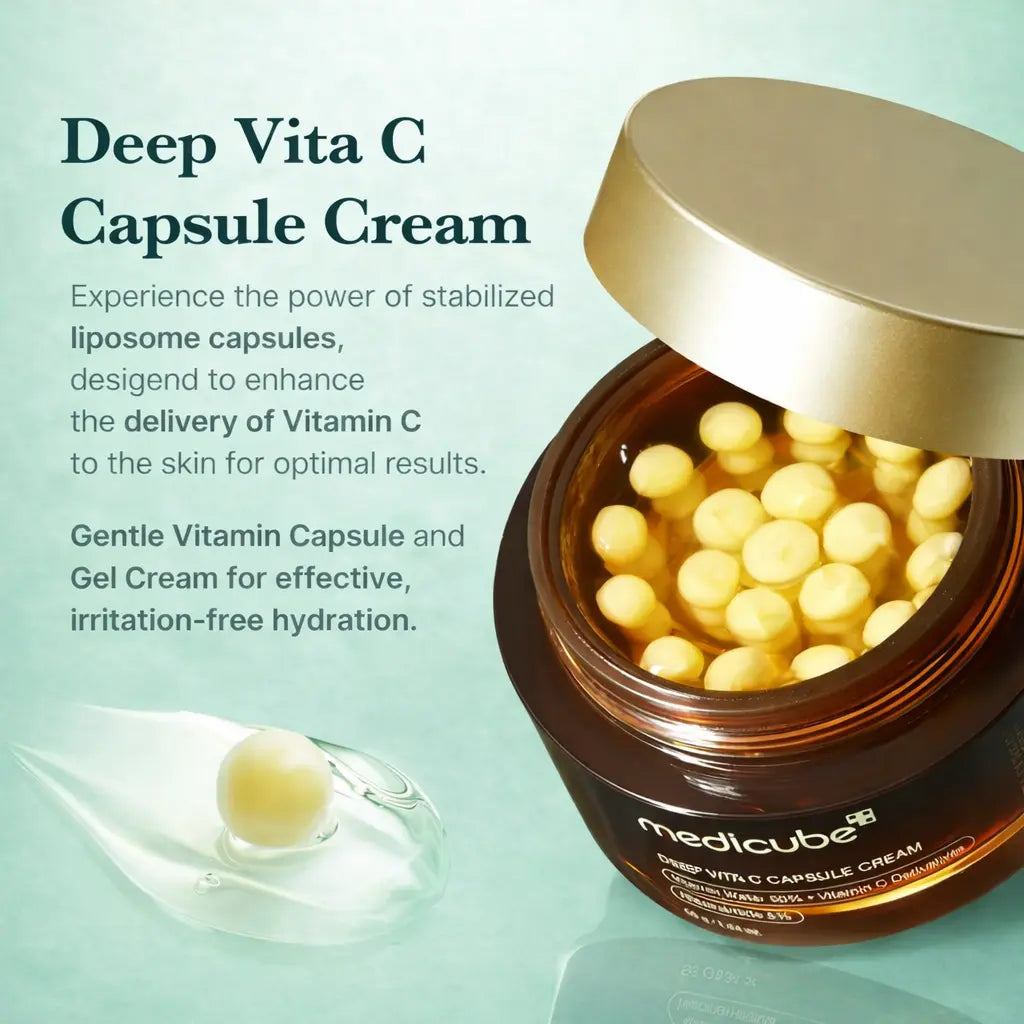 Deep Vita C Capsule Cream delivers stabilized liposome Vitamin C capsules with a gentle capsule-in-gel formula to enhance absorption and provide effective, non-irritating hydration.