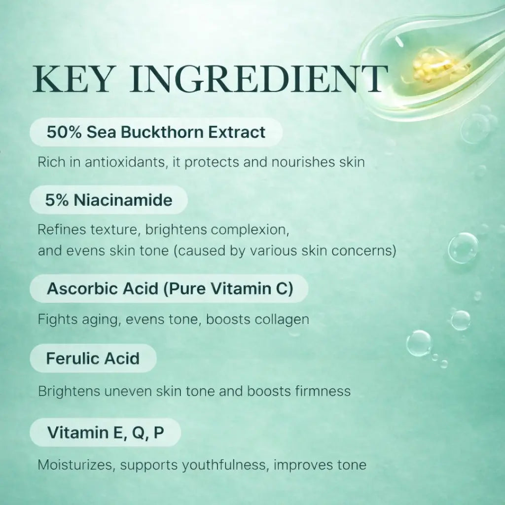 Deep Vita C Capsule Cream Key Ingredients: Sea Buckthorn Extract, Niacinamide, Vitamin C, Ferulic Acid, and Vitamins E, Q & P help nourish, brighten, and hydrate the skin for a smoother, more radiant look.