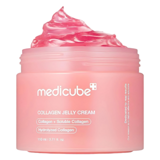 Medicube collagen jelly cream in pink jar with glossy gel texture on top, hydrating skincare product isolated on transparent background
