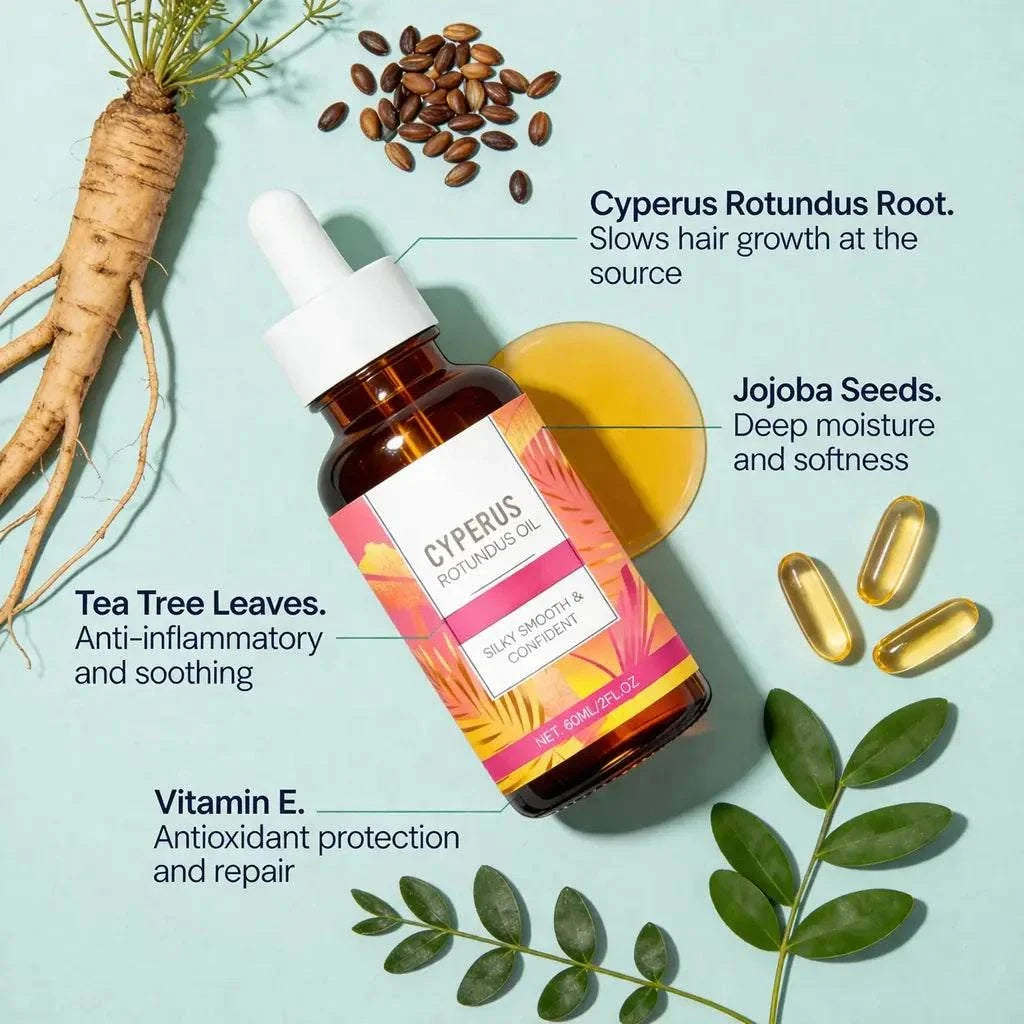Bottle of natural hair removal oil for smooth skin
