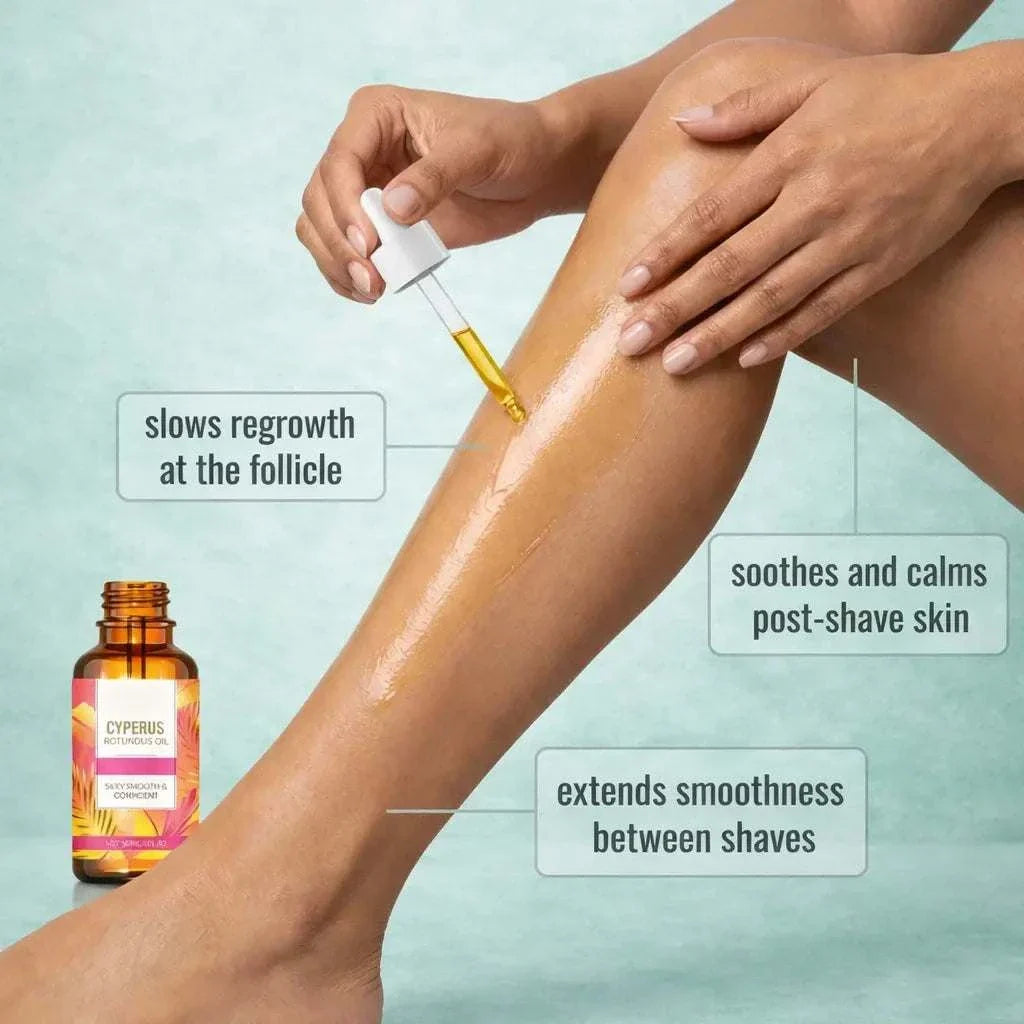 Bottle of natural hair removal oil with botanical ingredients