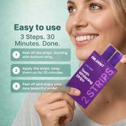 Purple teeth whitening strips with color-correcting technology for bright smile